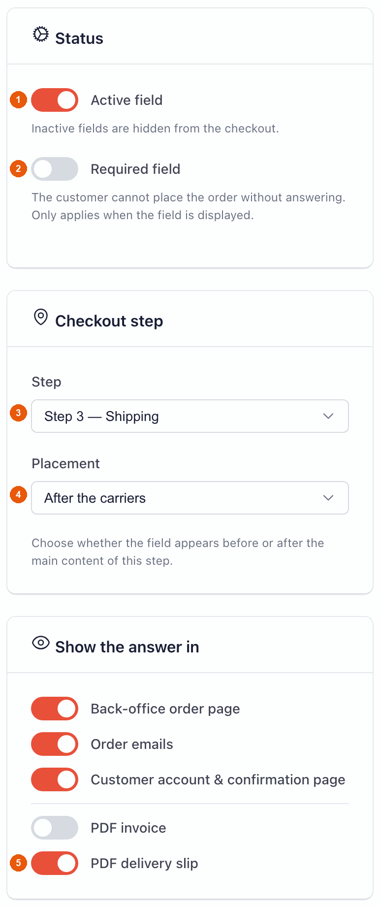 Recuadros Status, Checkout step y Show the answer in