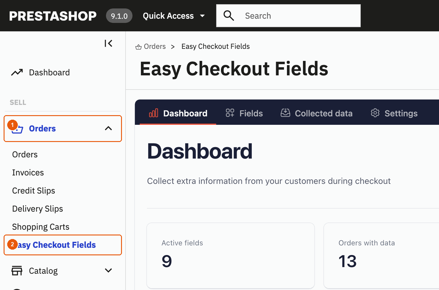 Menú Orders con Easy Checkout Fields